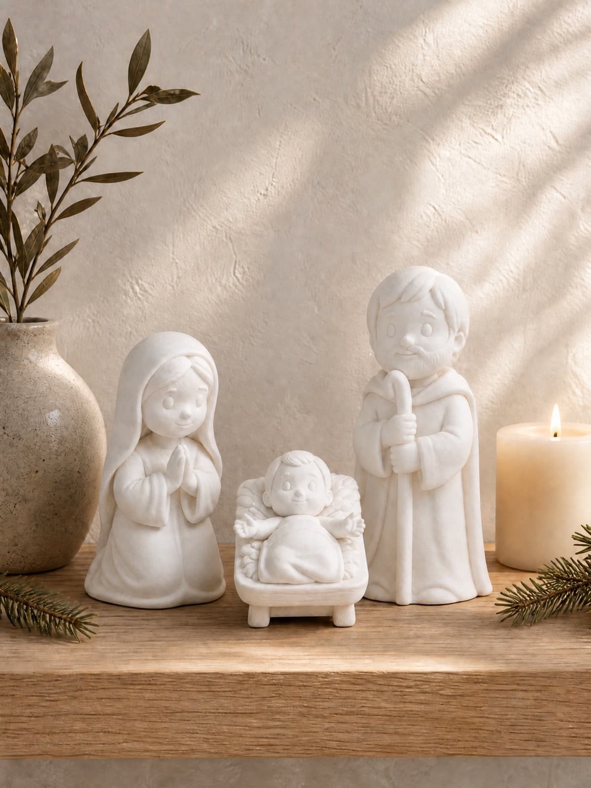 Pasito Sagrada Familia en una repisa de madera clara: María de rodillas, San José con su cayado y el Niño Jesús en su pesebre, junto a una vela encendida y ramitas de pino