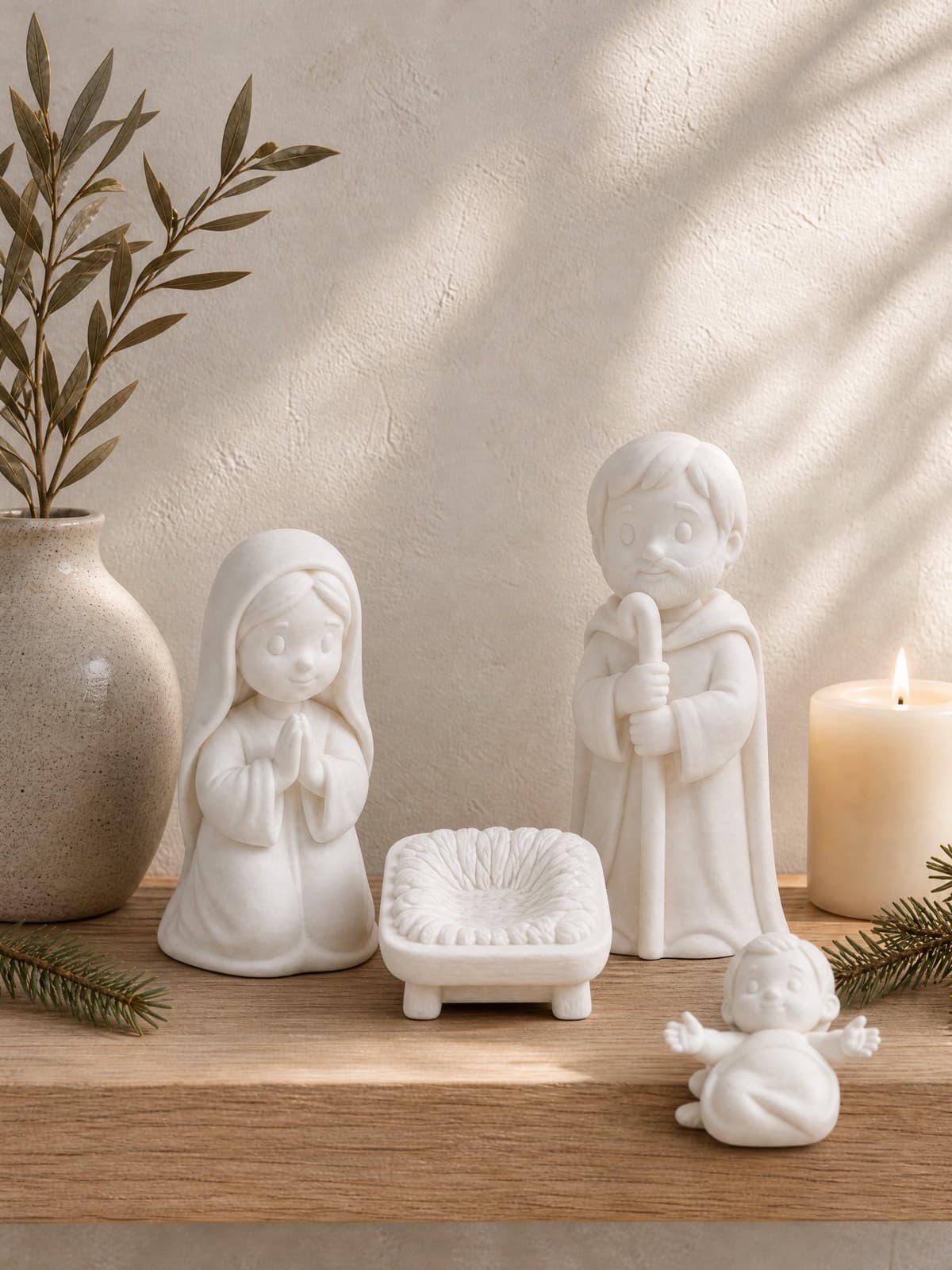 El pesebre vacío entre María y San José, con el Niño Jesús aparte esperando la noche del 24 de diciembre