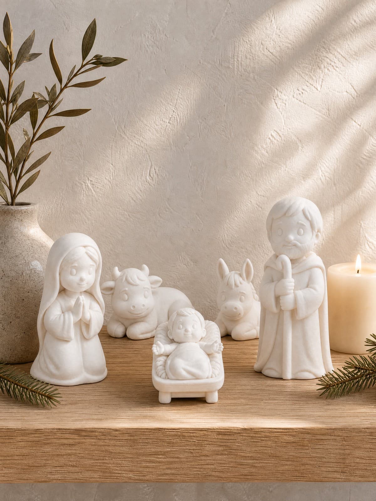 Pasito Sagrada Familia con el set de animalitos: el buey y el burrito echados detrás del pesebre