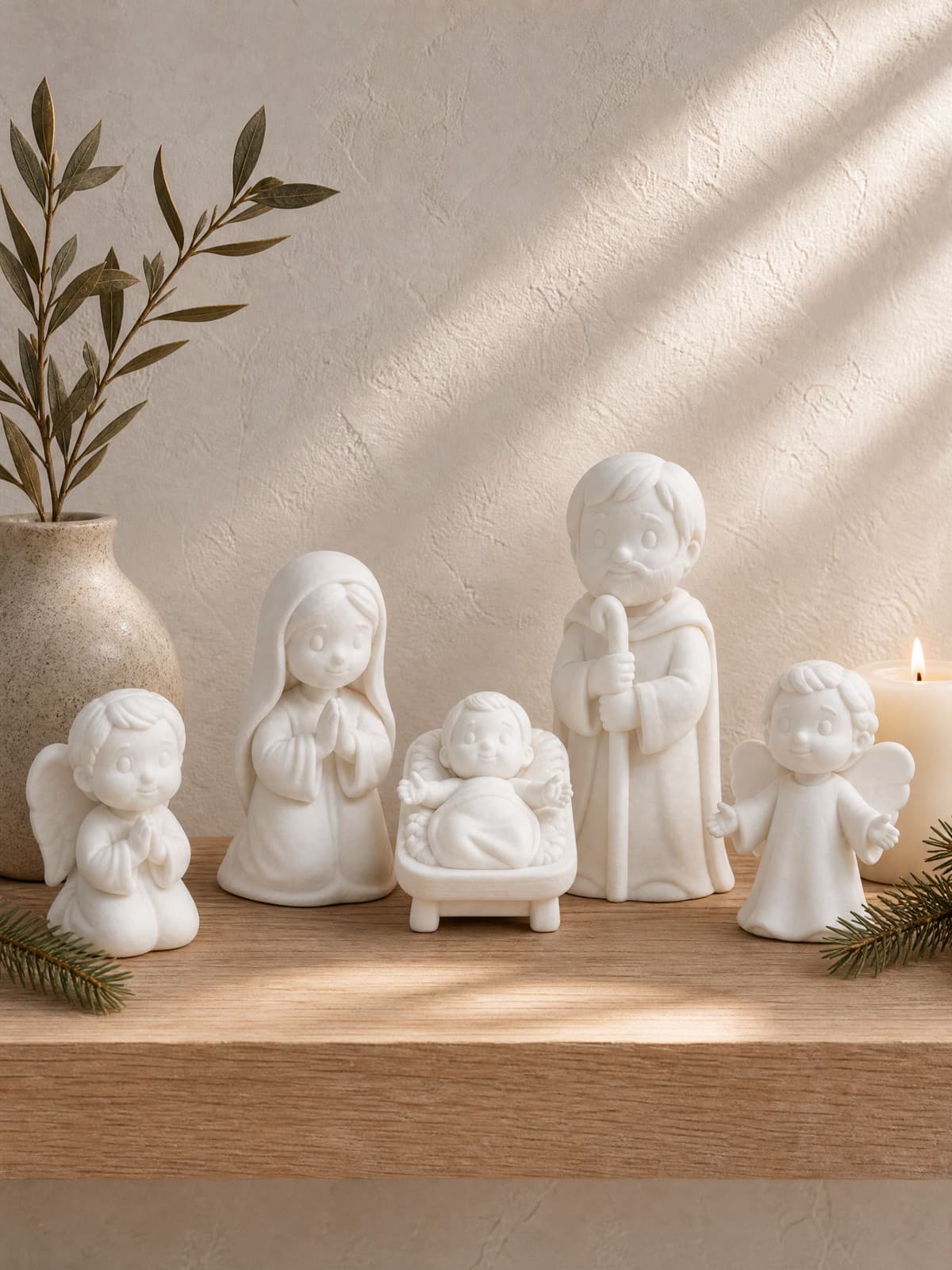Pasito Sagrada Familia con el set de ángeles: un ángel de rodillas rezando y un ángel de pie con los brazos abiertos